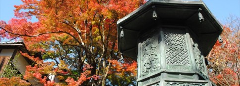 善峯寺山門の灯篭と紅葉